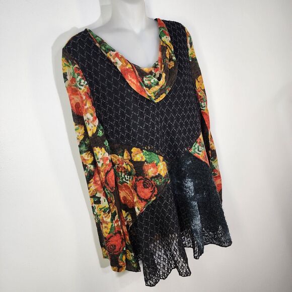 This & That Blouse Large Multicolor Mix Media Cowl Neck Crochet Patchwork Sheer - Picture 4 of 11